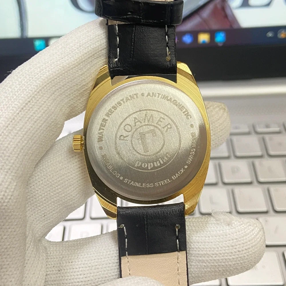 Vintage 1978 Roamer Manual Mens Gold Watch W/Leather Strap & Silver accents